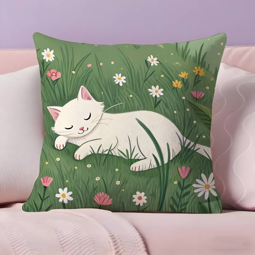 Cat in the flowers aesthetic Pillow Case Ultra Soft Skin Friendly Fabric Cloud Like Comfort & Concealed Zipper