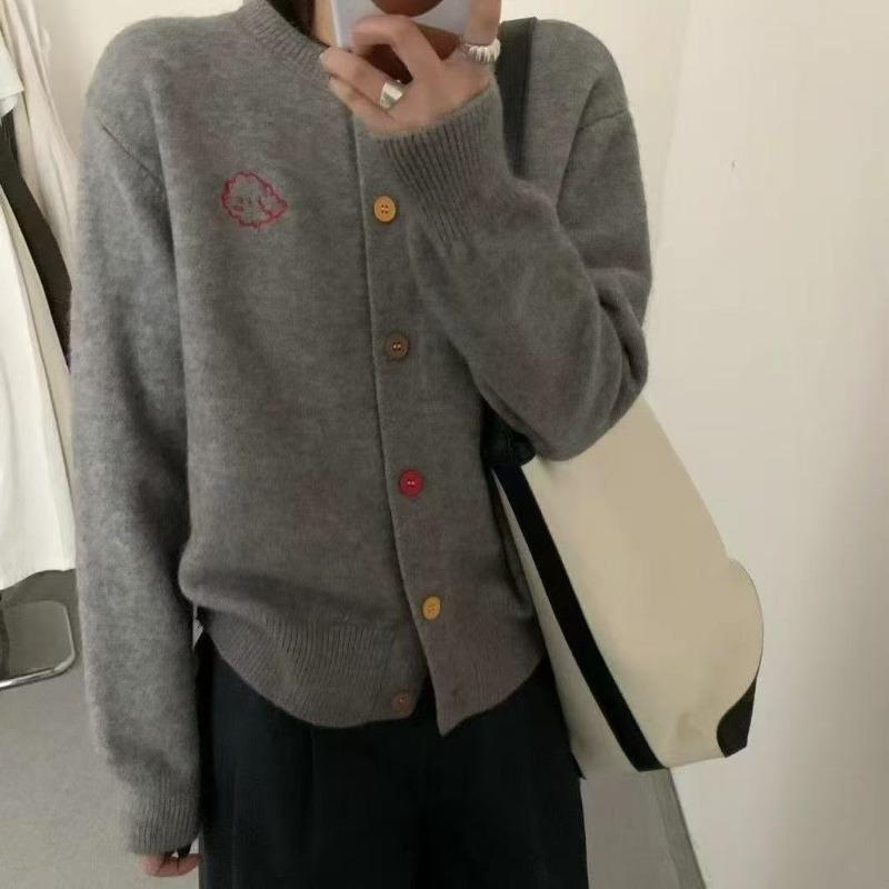 Нежный ретро кардиган с вышивкой щенка, красочной пряжкой, круглым вырезом, вязаный, женский, весенне-осенний, маленькая куртка-свитер