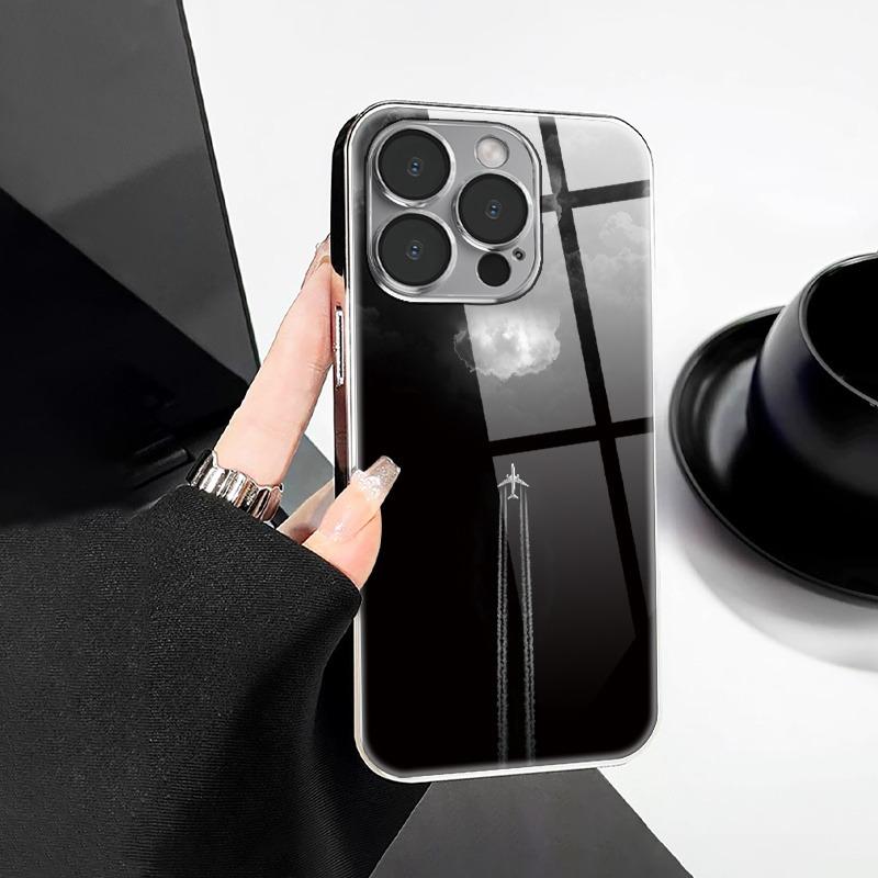 Минималистичный Чехол для Телефона из Стекла с Рисунком Облака и Самолета, Гальванизированный, Для iPhone 17 Pro Max 16 Plus 15 14 13 12 11 16E 17 Air Cover