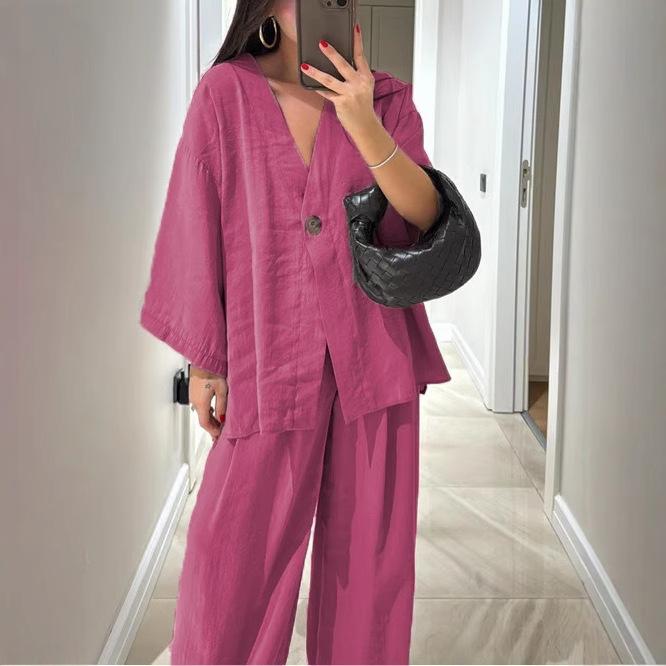2026 Cross-border Women's Fashion Casual Suit V-Neck One Button Loose Long Sleeve Top High Waist Pants Two-piece Set