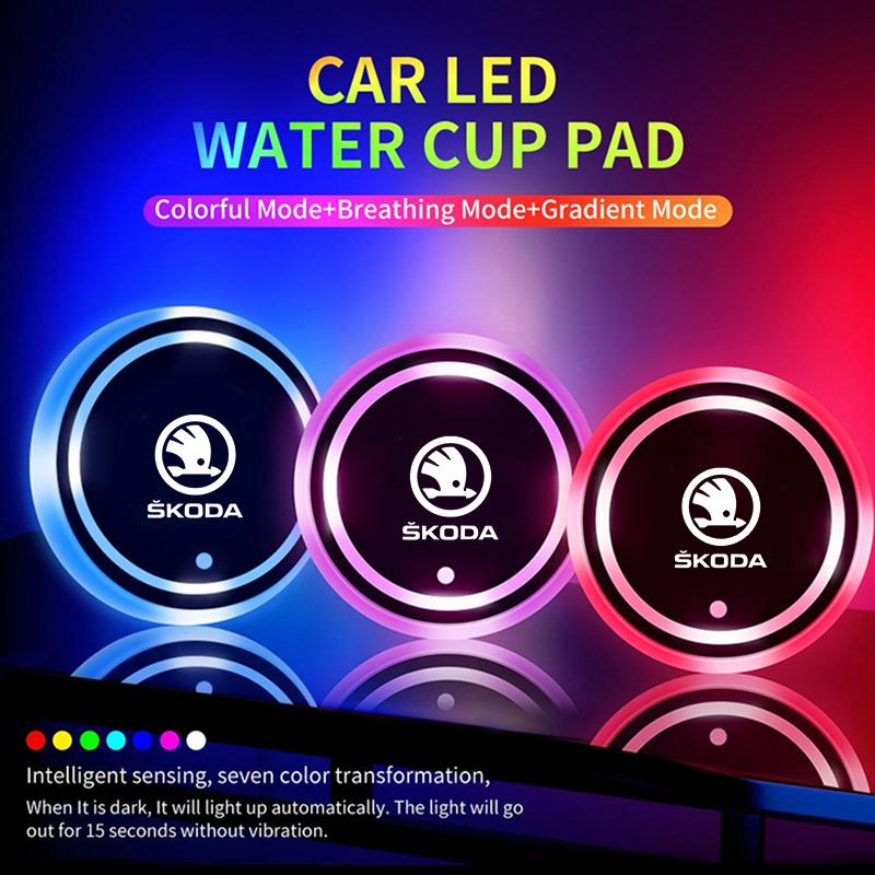 JKFB8 2Pcs Car Luminous Coasters Water Cup Mat Holder Car-Styling For Skoda Octavia 2 3 A5 A7 A8 Fabia Karoq Superb Rapid Kamiq Scala
