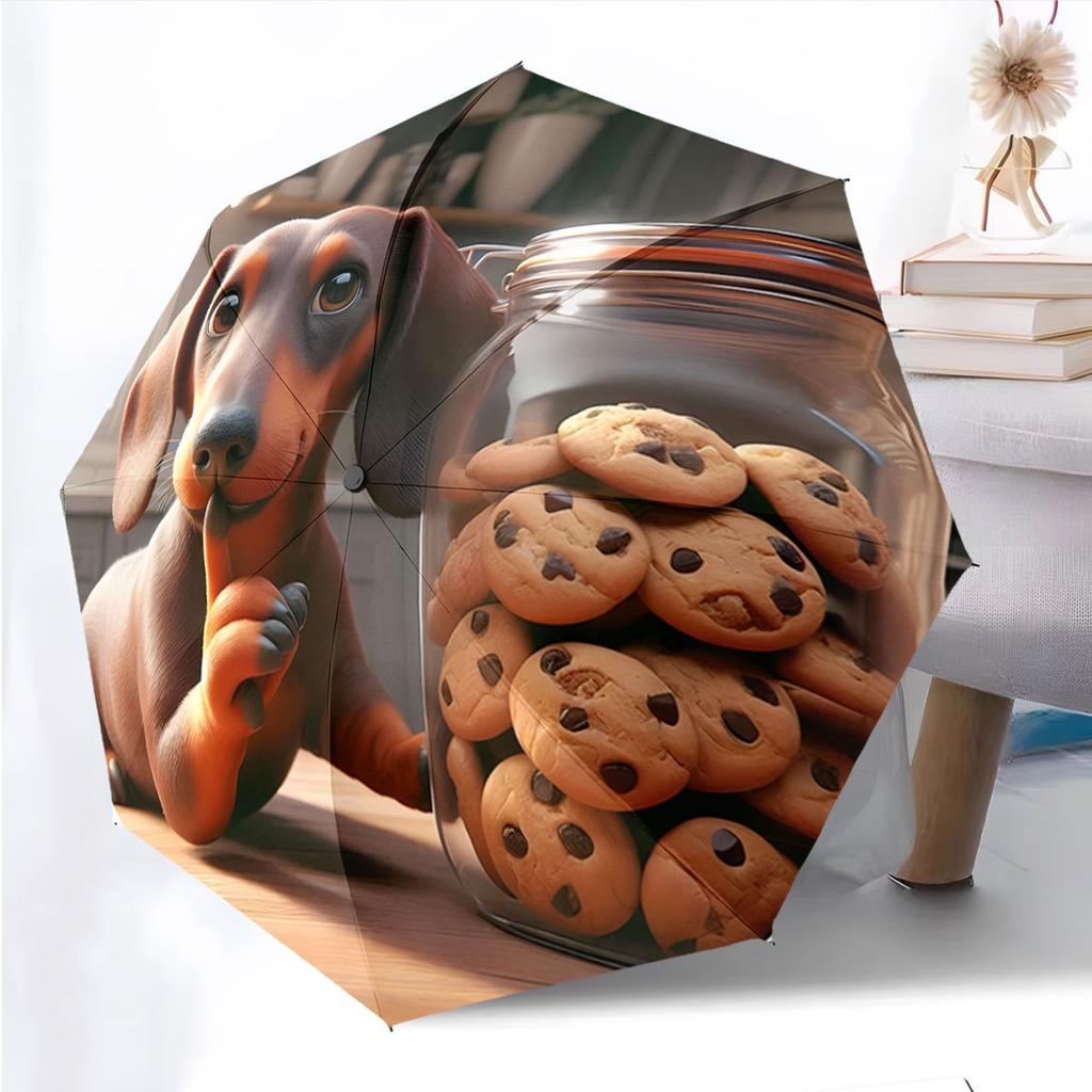 Automatic Folding Umbrella with Dachshund & Chocolate Chip Cookie Design - Portable Collapsible 8-Rib Durable Canopy, Stylish