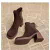 Spliced Short Boots Women  New Autumn/Winter Temperament Spliced Solid Suede Thick Heels Show Thin Short Boots Women