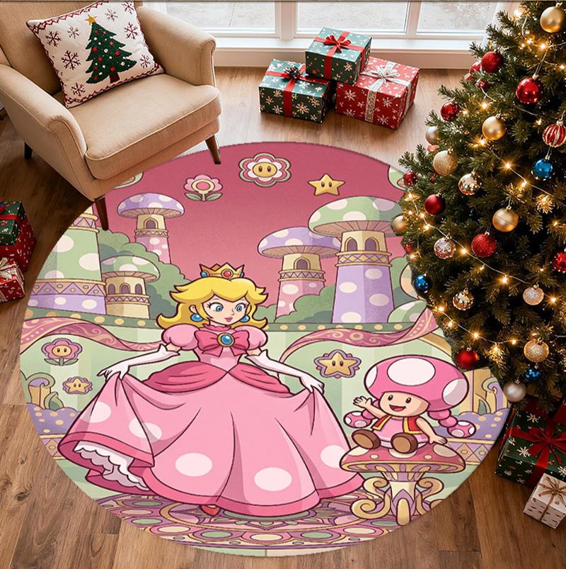 Princess Peach Toadstool Pattern Round Rug, Indoor/Outdoor Mat, for Picnic, Gameroom, Bedroom, Office, Living Room, Home Decor Carpet, Birthday Gift