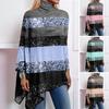 Women Casual T Shirt Tops High Collar Colorblock Shiny Sequin Long Sleeve Irregular Hem Loose Pullover Blouse