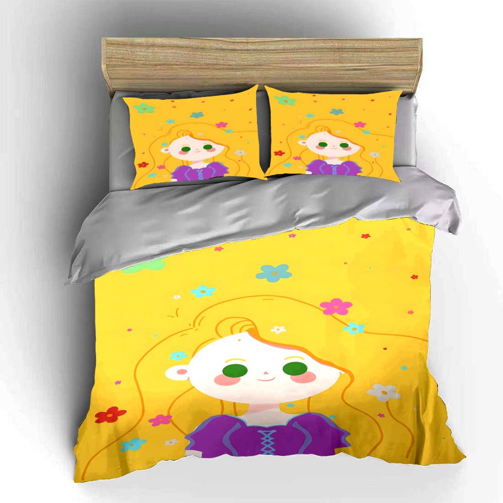 Golden Bedding Set with Cute Cartoon Girl Bedding set (1 duvet cover, 2 pillowcases, duvet not included)