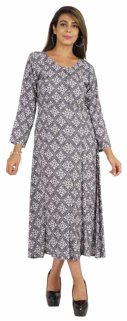 Bimba Printed Maxi Dress For Women Front Button Placket Ethnic Dress Casual Rayon