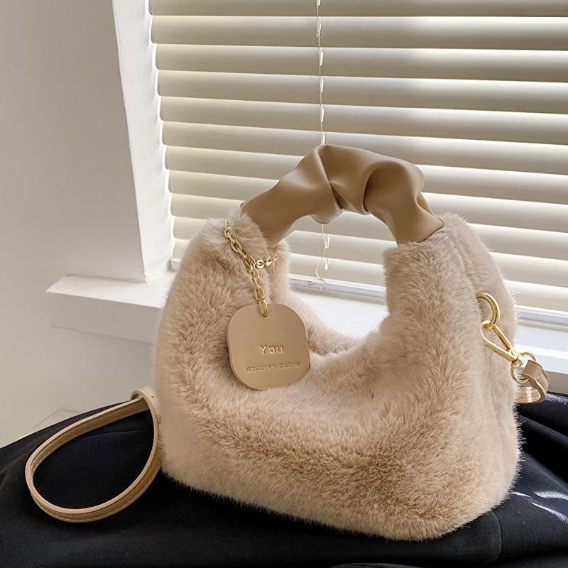 Yogodlns Women Faux Fur Plush Handbags Ruched Handle Small Lady Shoulder Crossbody Bag Casual Half-Moon Hobos Winter Bags for Women