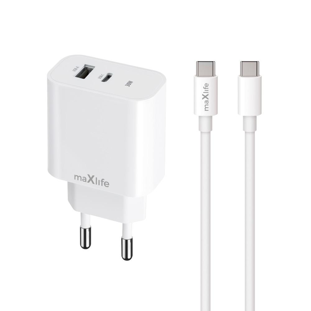 Maxlife Ładowarka Sieciowa Pd Qc Mxtc-06-30Ac 1X Usb-C 1X Usb 30W Biała + Kabel Usb-C - Usb-C 60W