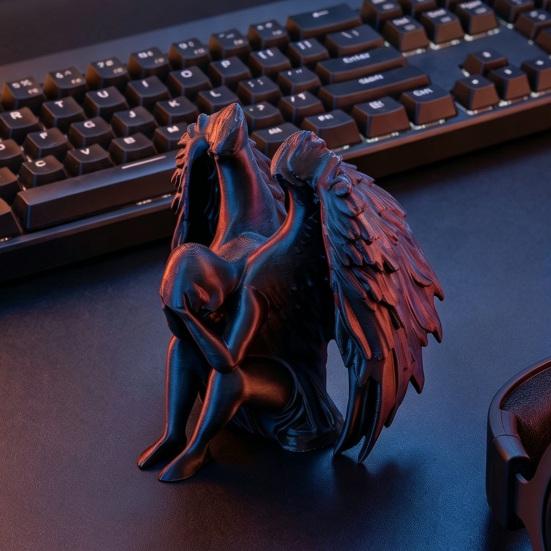 Фигурка Ангела, закрывающего лицо, Матовый черный, 3D-печатная скульптура, Сидящий меланхоличный ангел с детализированными крыльями для декора дома и офиса