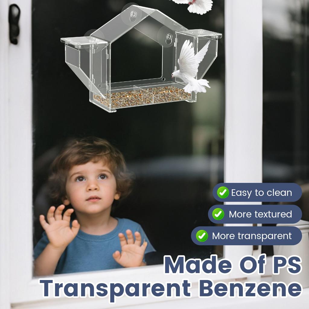PS Transparent Window Bird Feeder Easy to Observe Clear Bird Feeder with 3 Suction Cup Squirrel Proof for Yard Outdoor