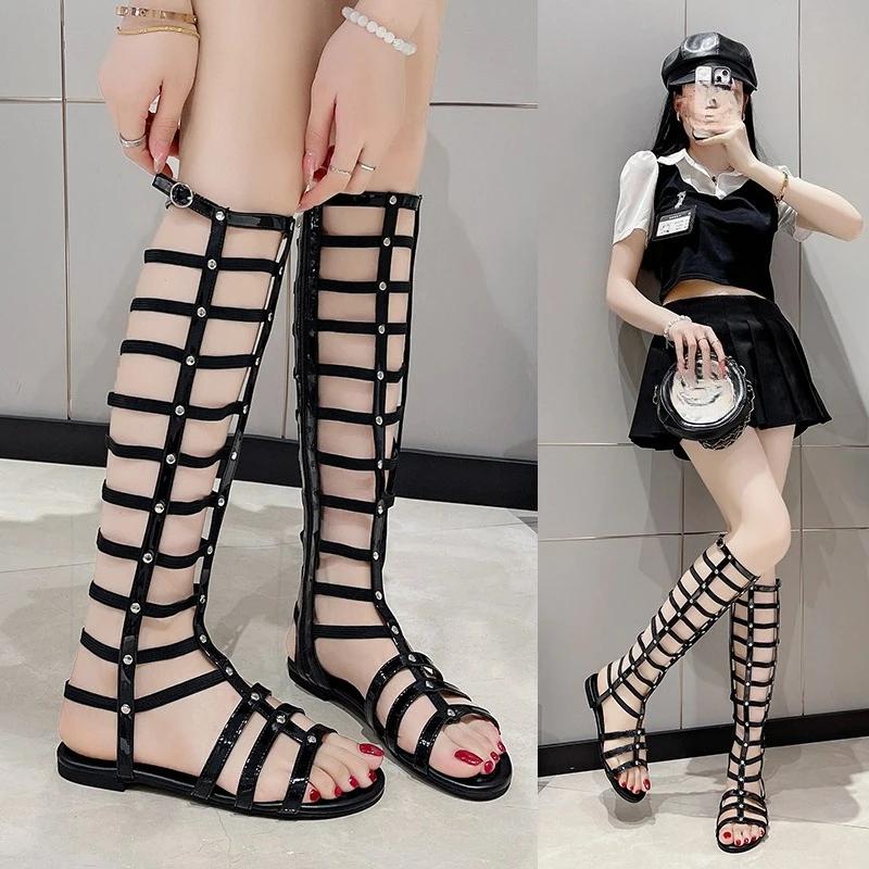 Roman Bandage Sandals Women Fashion Peep Toe Knee High Boots Ladies Retro Sandal 2025 New Summer Gladiator Shoes