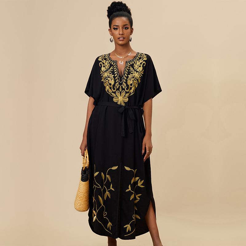 EDOLYNSA Sexy Kaftan Dress Women Plus Size Beach Wear 2023 Bohemian Tie Dye Striped Bikini Cover-ups Long Tunic Swim Suit Cover Up Q1517