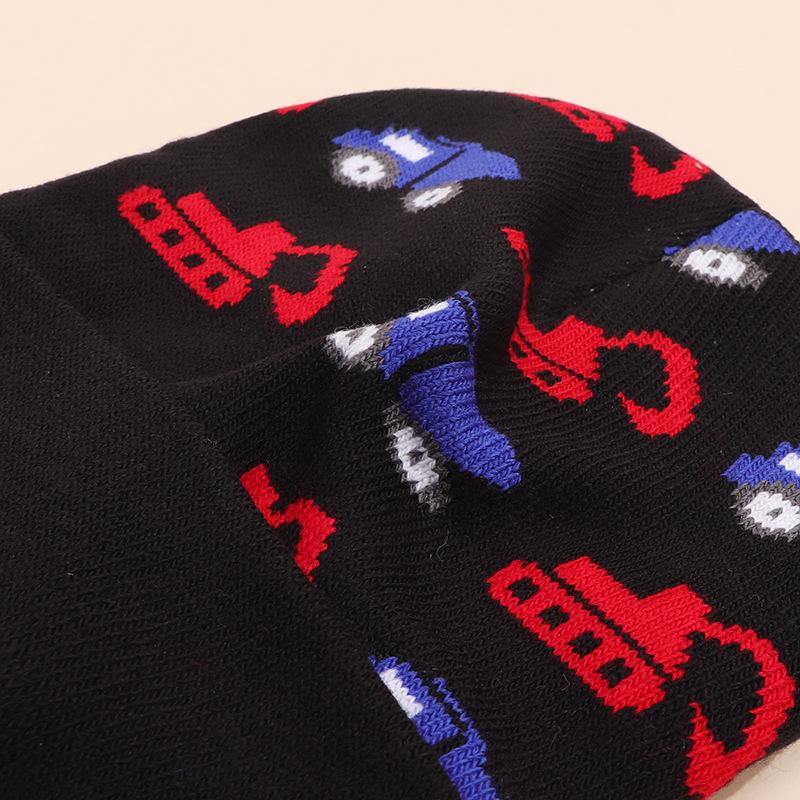 Детская осенне-зимняя вязаная шапка-бини с рисунком экскаватора - Теплая, ветрозащитная шерстяная шапка для мальчиков и девочек