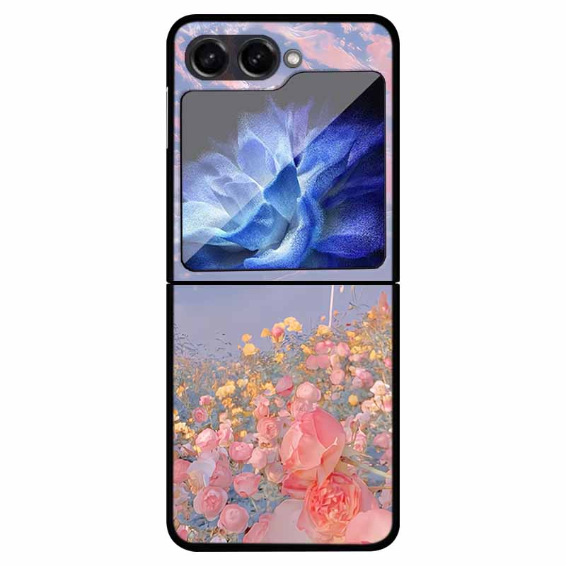 For Samsung Z Flip 5 Cover Hard PC Fold Case For Funda Samsung Galaxy Z Flip5 Foldable Flowers Black Coque Phone Shield Bumper