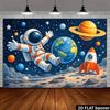 2D plane stretched and floating astronaut background fabric. Cartoon astronaut floating in space and stretching out both arms.