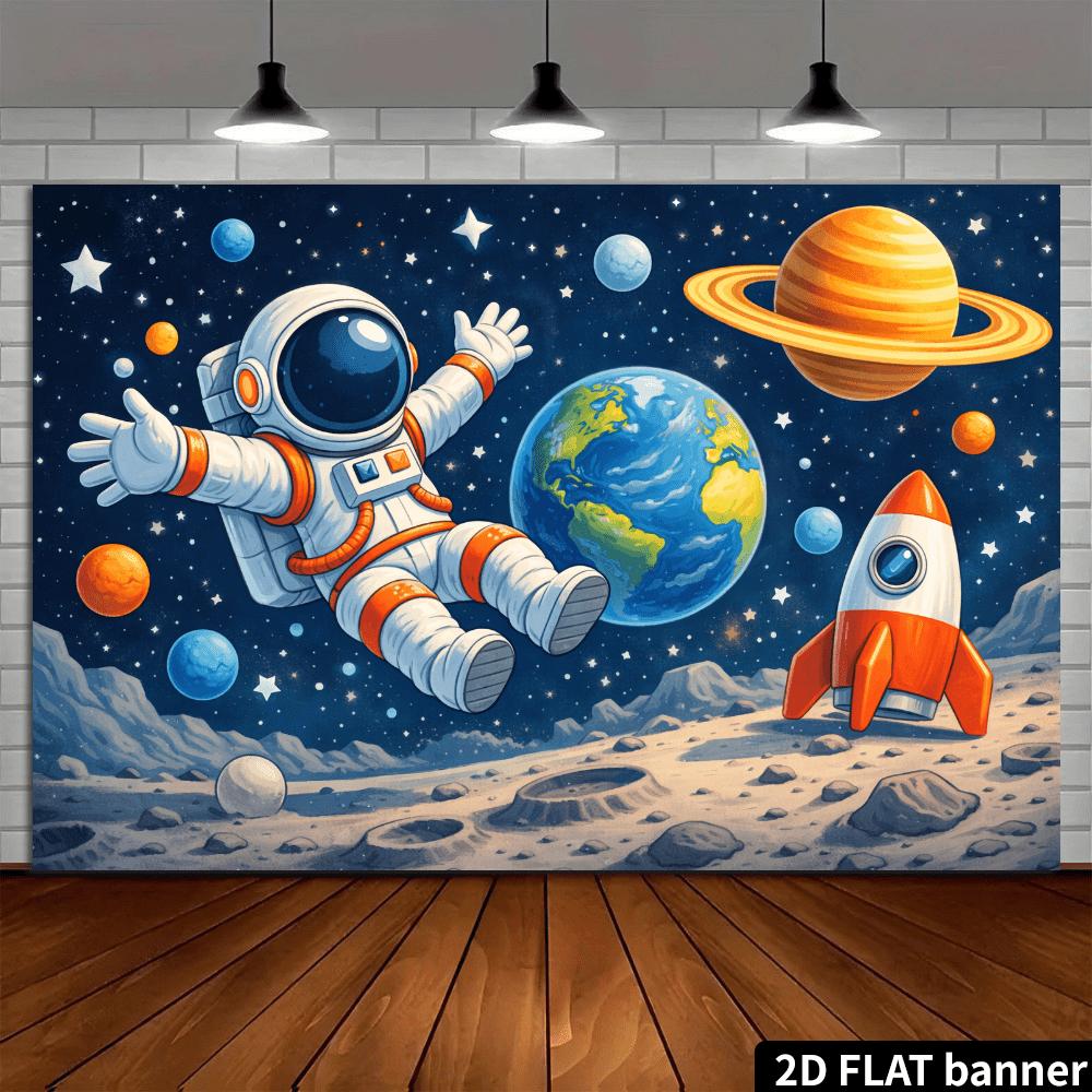 2D plane stretched and floating astronaut background fabric. Cartoon astronaut floating in space and stretching out both arms.