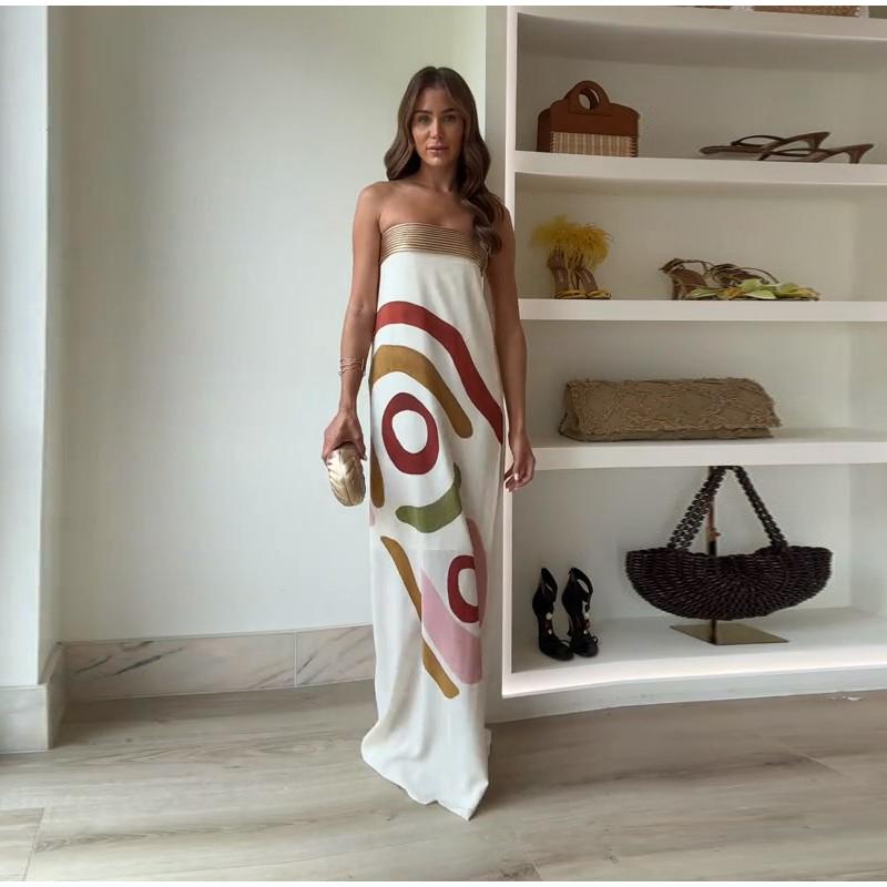 Elegant Slim Sleeveless Patchwork Long Dresses Fashion High Waisted Satin Wrap Hips Dresses Sexy Strapless Print One Piece Dress