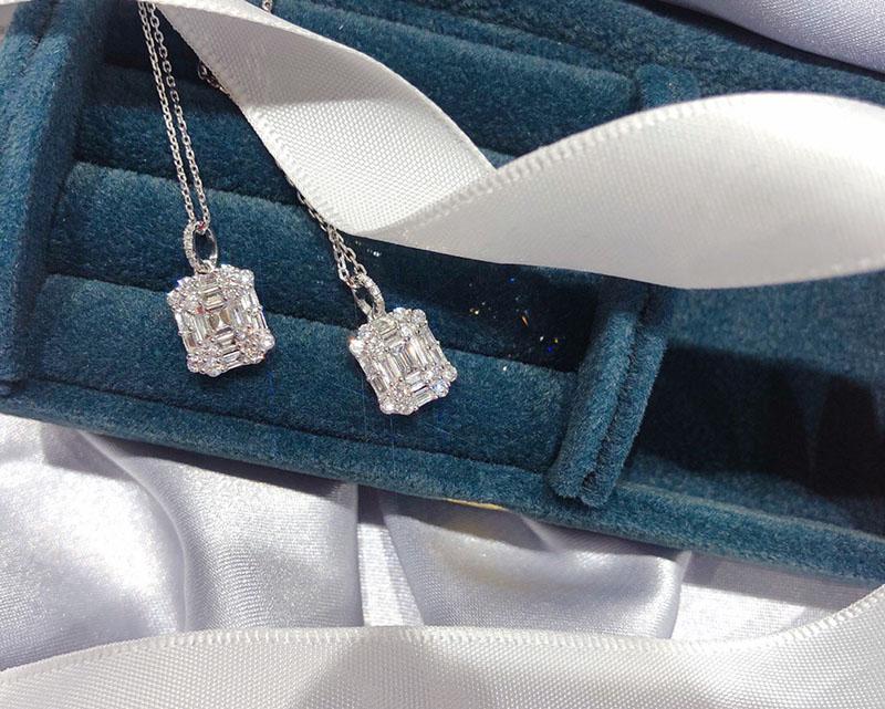 Fashionable Trendy Adult Engagement Wedding Anniversary Emerald Cut Diamond Necklace Pine-style Diamond Ring Custom 18K Solid