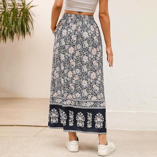 Women Maxi Skirt High Waist A-Line Style Floral Print Long Skirt