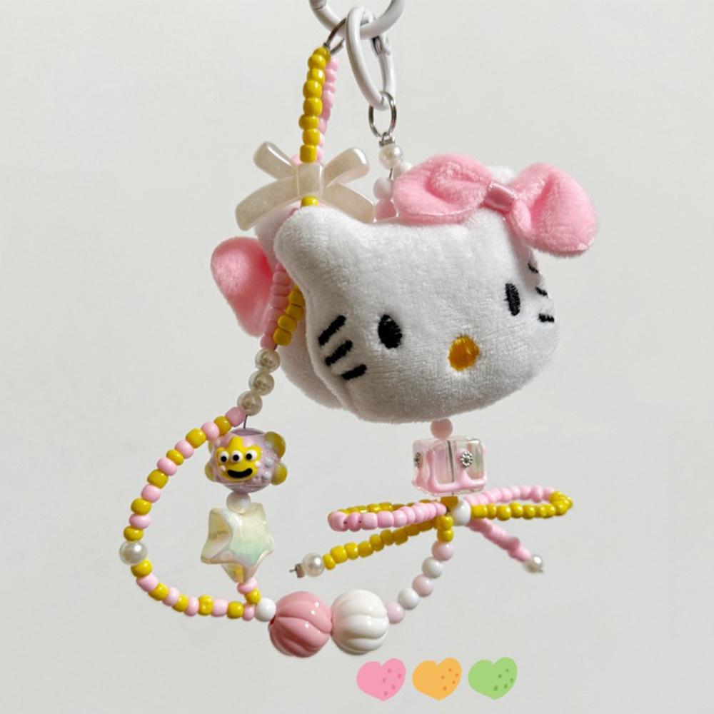 Sanrio Colorful Beaded Keychain Hello Kitty Kawaii Cartoon Plush Phone Strap Wrist Strap Backpack Hanging Decoration Gifts