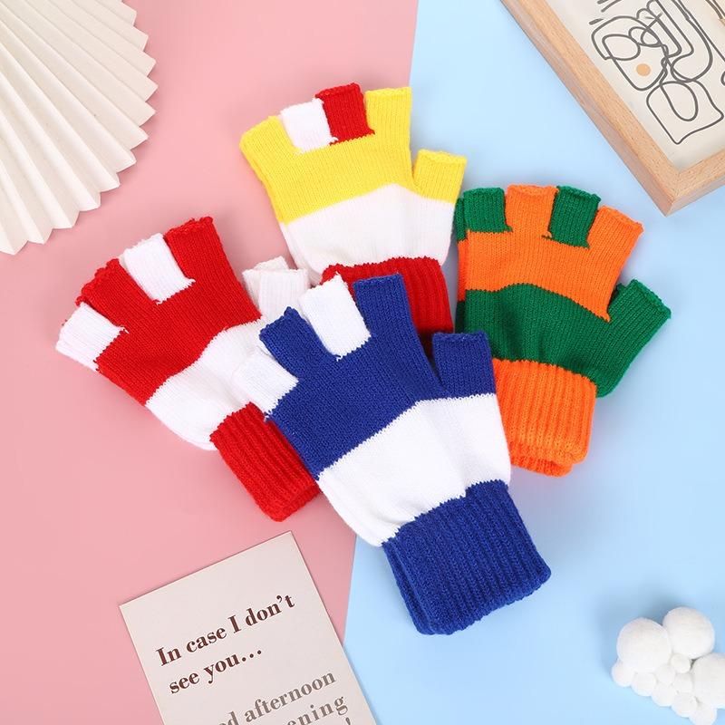 Students Winter Finger Knitted Gloves Outdoor Cycling Games Half Finger Gloves Color Matching Warm Wool Gloves