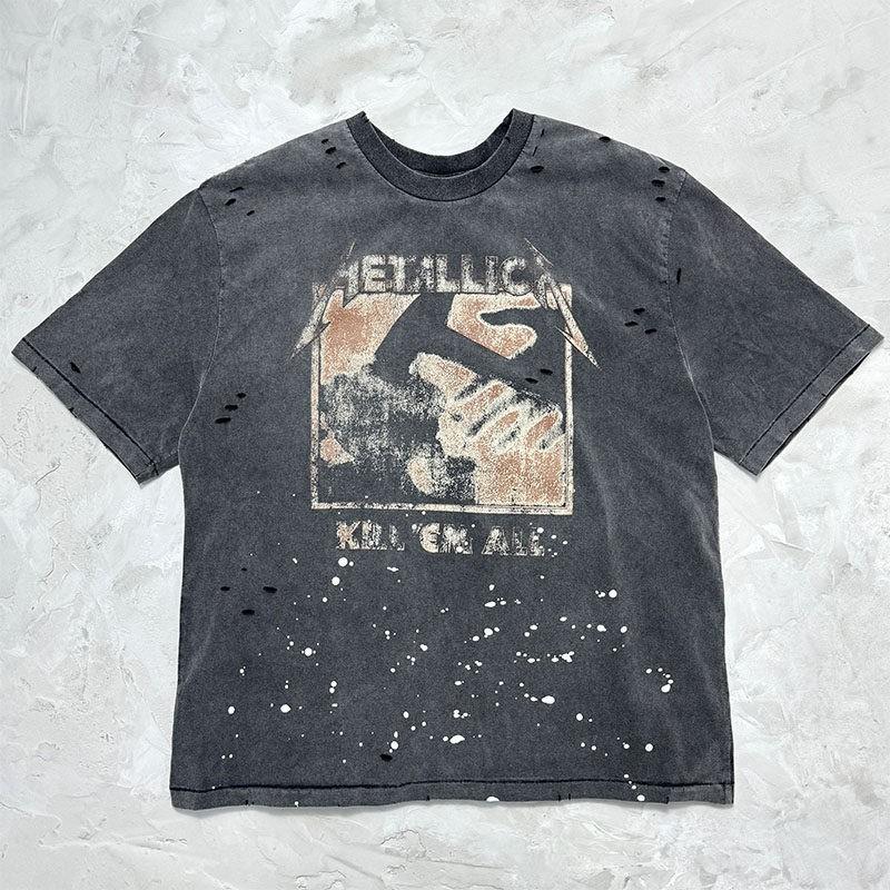 Saint Metallica Collaboration Distressed Washed Cotton Tee Streetwear Oversized Short Sleeve Men 2026