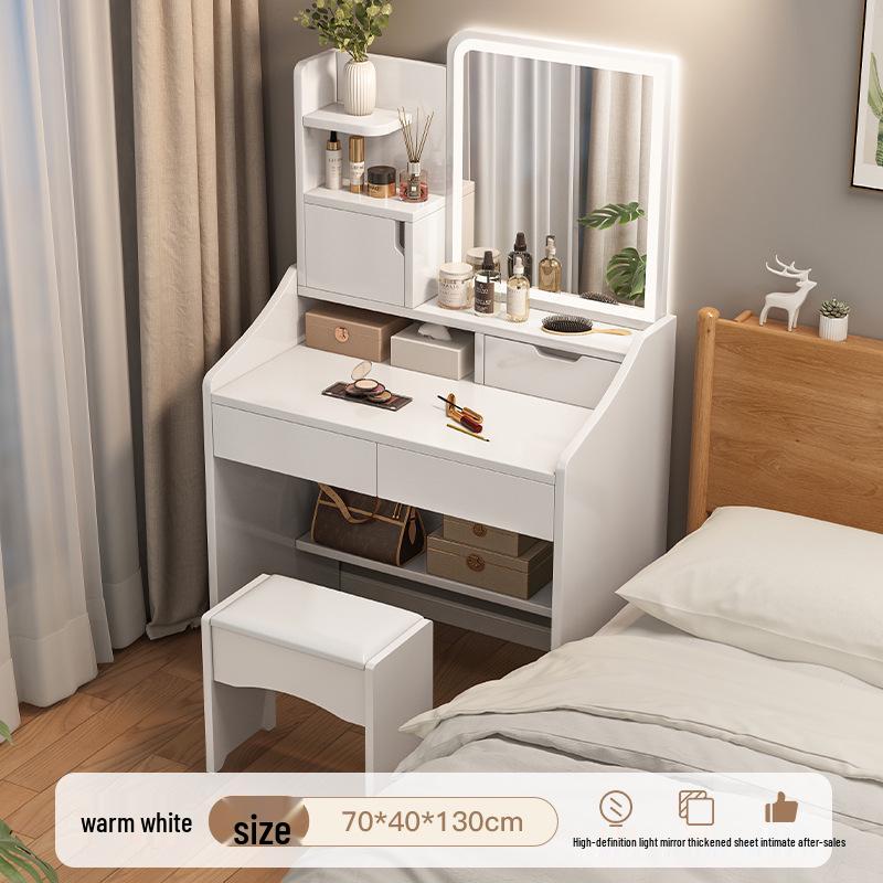 Cream Style Bedroom Vanity Set with Mirror, Drawers, Stool - Compact Design for Small Apartments