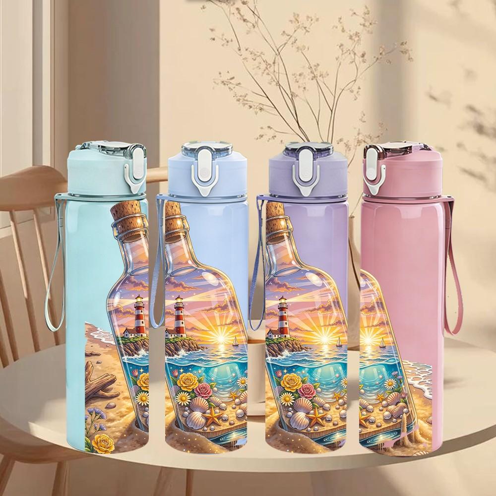 1PC Glass Bottle Island Fantasy Art Print 750ml Color Plastic Sports Water Bottle Leakproof Flip Straw Lid Suitable for Sports Office Home Use