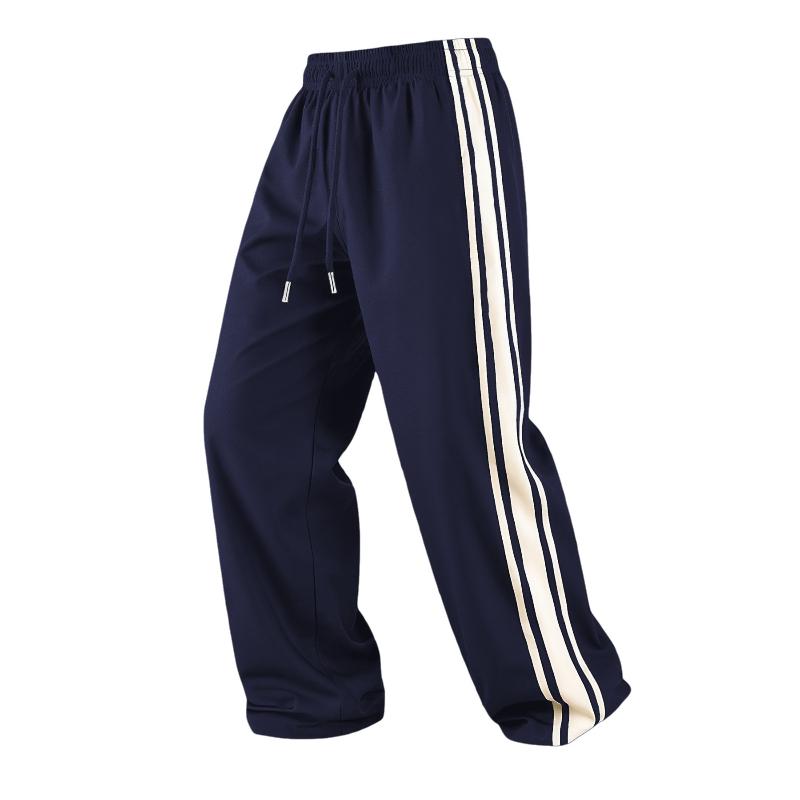 Men's Side Double Stripe Drawstring Wide Leg Sweatpants Summer Loose Straight Casual Pants