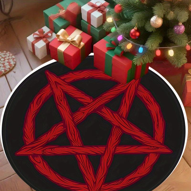 Red Pentagram Pattern Round Rug Flannel Soft Floor Mat for Gothic Themed Room Halloween Decor Area Carpet Non Slip Durable Easy