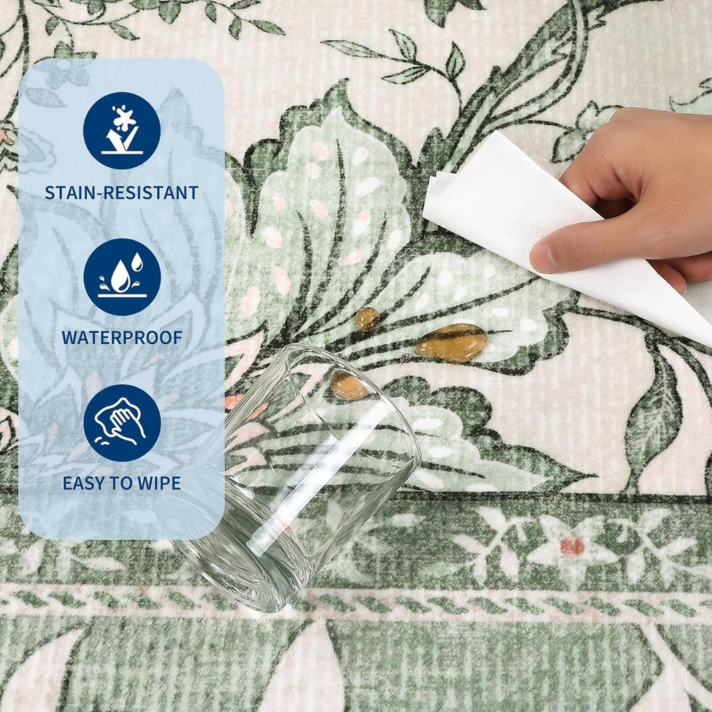 Green Living Room Carpet Soft Plants Flower Bedroom Bedside Floor Mat Vintage Home Decoration Cottagecore Non-Slip Washable Rug