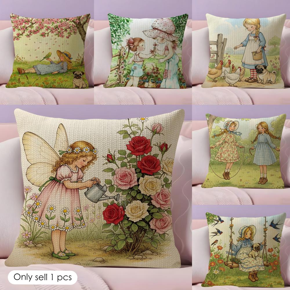 Art Sarah Kay Swing Girl Cushion Cover Durable Hypoallergenic Organic Linen Short Pillow Cover Washable