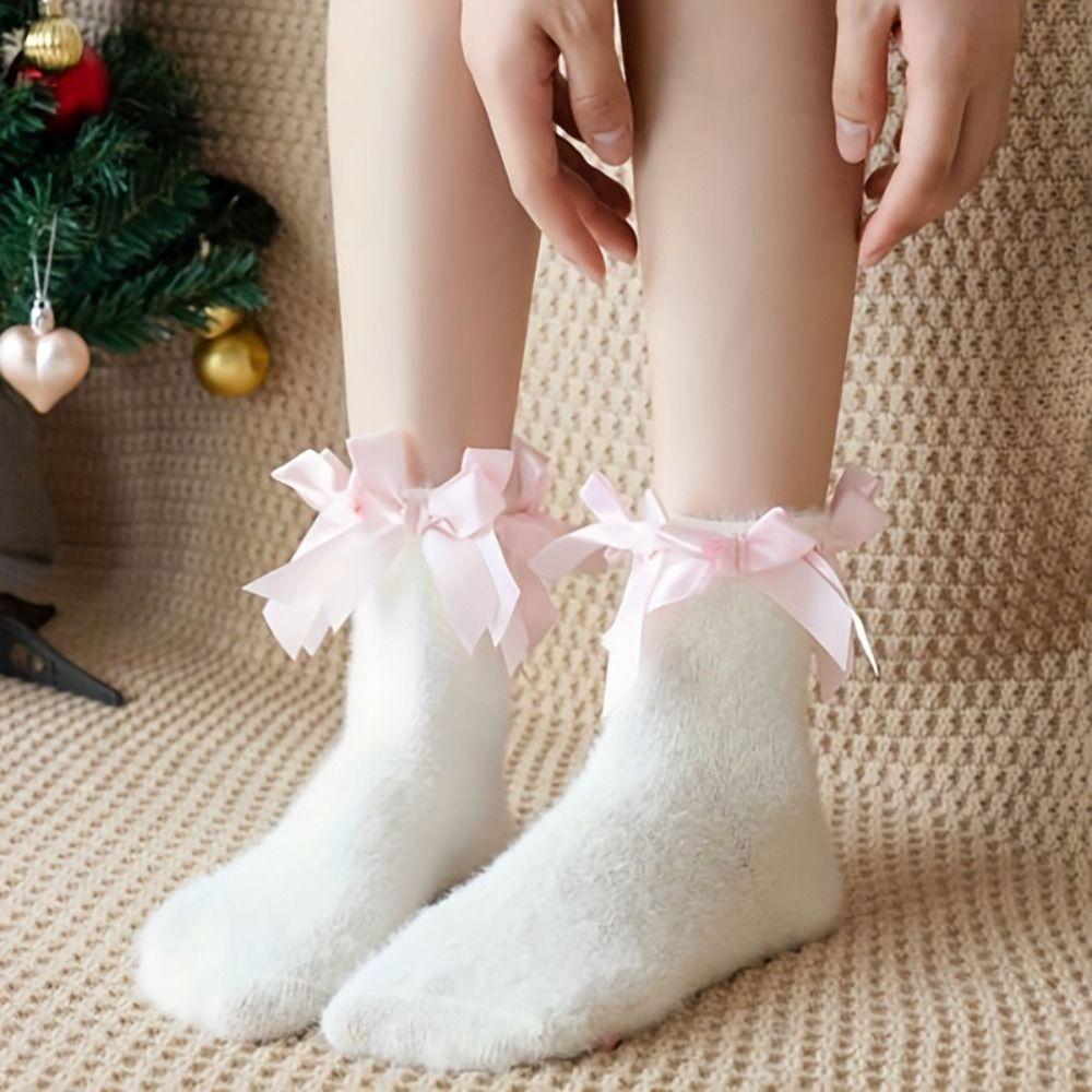 Coral Velvet Cat Paw Plush Socks Paw Pads Bowknot Warm Socks Y2k 3D Cat Paw Socks  Gift