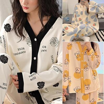 Пижама женская кардиган с V-образным вырезом и длинными рукавами, брюки, тонкая часть напечатанного домашнего костюма, молочная шелковая пижама женская