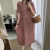 Summer Women Dress Small Flower Print Crew Neck Loose Short Sleeves Pleated Mid-calf Length Pullover Dating Shopping Midi Dress