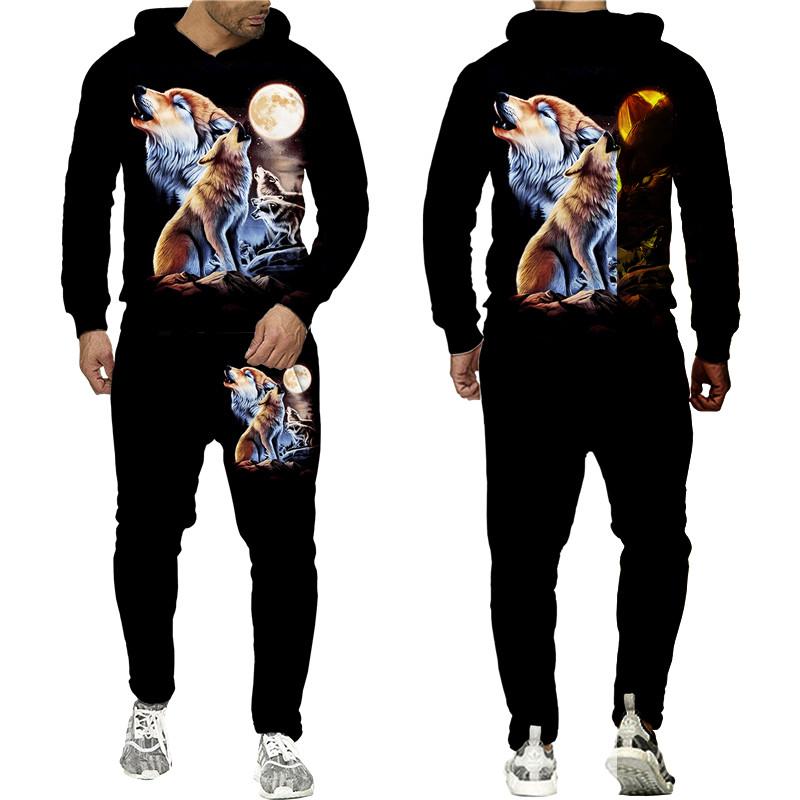 Красочный волк 3D принт толстовки костюм мужской повседневный пуловер толстовка брюки комплект из двух предметов крутая уличная одежда спортивный костюм для бега для пар