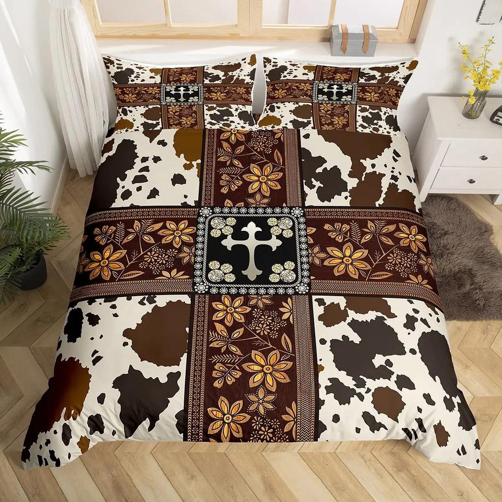 Пододеяльник с коровьим принтом Queen Vintage Floral Комплект постельного белья для девочек, мальчиков, мужчин, в стиле вестерн, фермерское животное, бычья шкура, одеяло