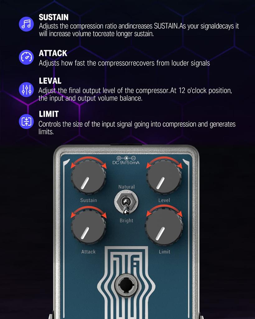 Педаль эффектов Donner Compressor - Сжимает избыточные входные сигналы и сохраняет оригинальный звук
