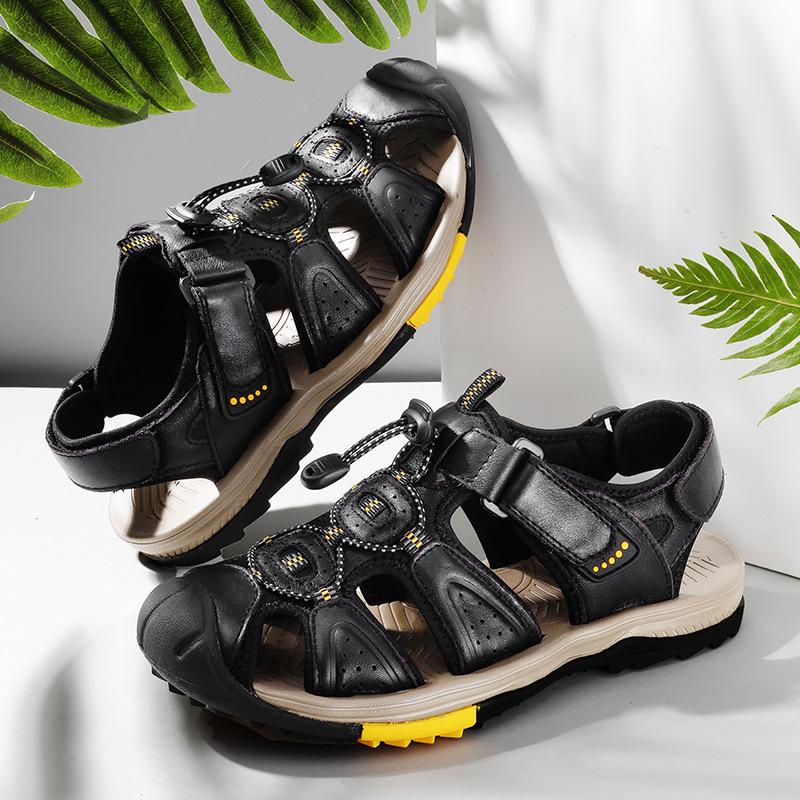 Fashion Summer Men's Top Layer Cowhide Bag-Toe Casual Outdoor Beach Sandals Comfortable Velcro Non-Slip Breathable Zapatillas Hombre