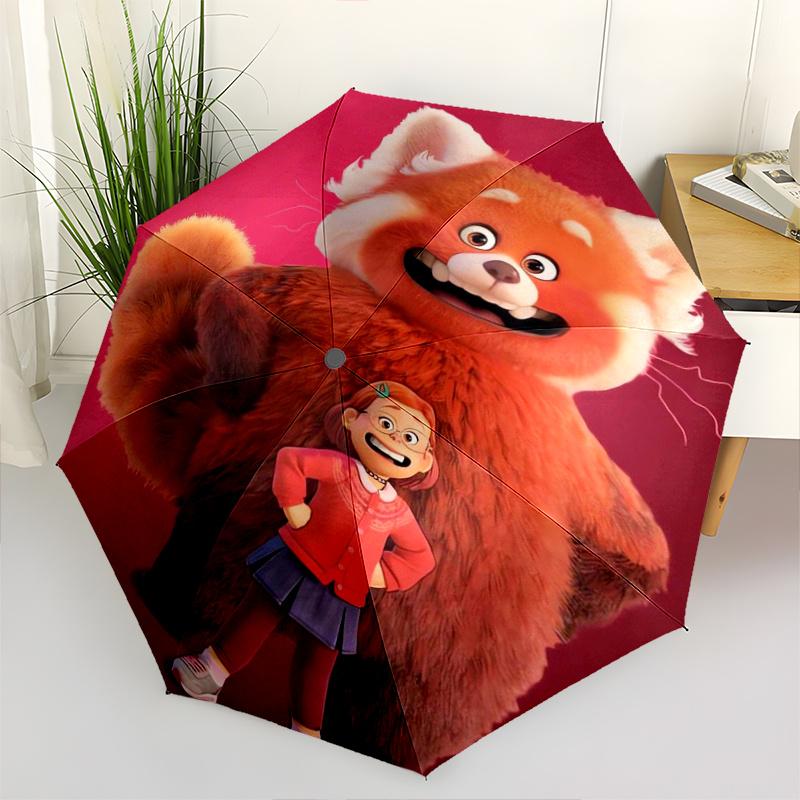 Meilin Mei Lee and Red Panda Automatic 3-Fold Umbrella Design, Cute Cartoon Pattern, Portable Outdoor Umbrella, Perfect, Holiday Gift for Di