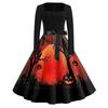 Women's Casual Vintage Halloween Print Dress Square Neck Long Sleeve Fit Flare Midi Dress with Waist Tie for Seasonal Occasion