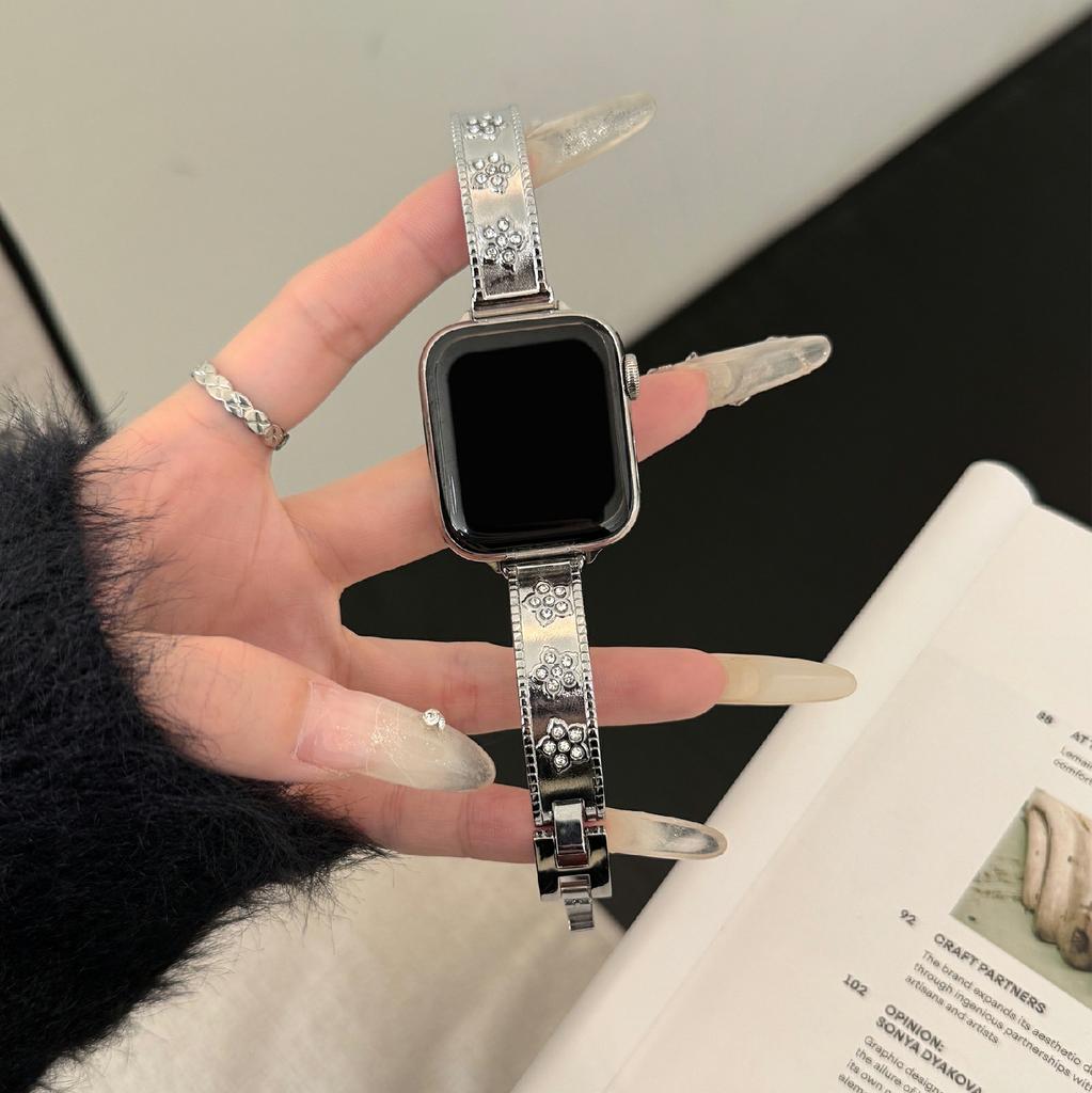 Металлический ремешок для часов Apple Watch Series 10 9 8 7 SE 6 5 4 3 2 1 42 мм 41 мм 40 мм 38 мм Браслет с цветочным декором из стразов