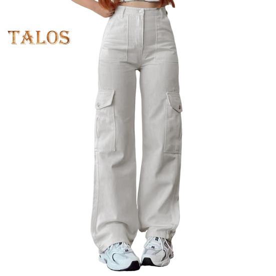 Женские брюки-карго со средней посадкой, застегивающиеся на молнию на талии, повседневные брюки с множеством карманов, прямые, свободные, однотонные длинные брюки