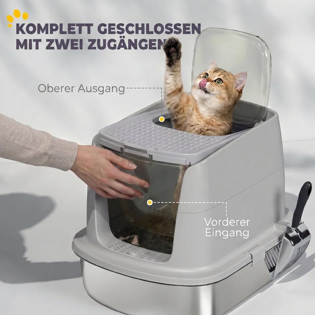 Stainless steel cat litter box, enclosed cat litter box with scoop, odor bags, entry and exit.