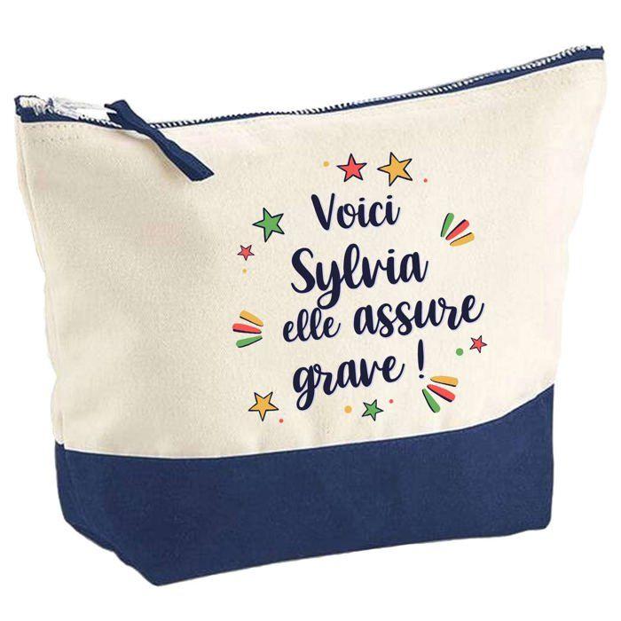 Pochette fond bleu Sylvia elle assure grave - Cadeau Original - Anniversaire - Trousse Maquillage Grand Format