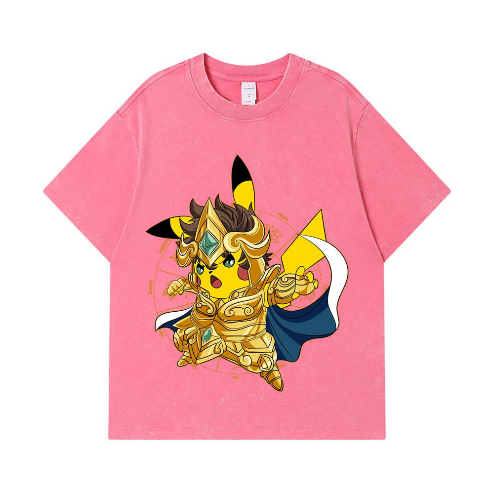 275 GSM Washed T-shirts 100% Cotton Pokemon V25 Pikachu Leo Print Unisex Heavy Cotton T Shirt