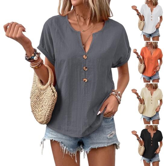 Женская рубашка с V-образным вырезом, декором в виде пуговиц, коротким рукавом, свободная рубашка, однотонная повседневная летняя футболка, повседневная одежда