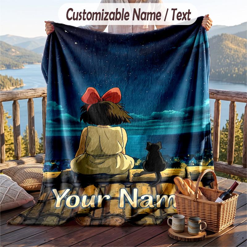 Custom Text Flannel Throw Blanket, Lightweight Cozy Bed Sofa BlanketKiki's Delivery Service Jiji