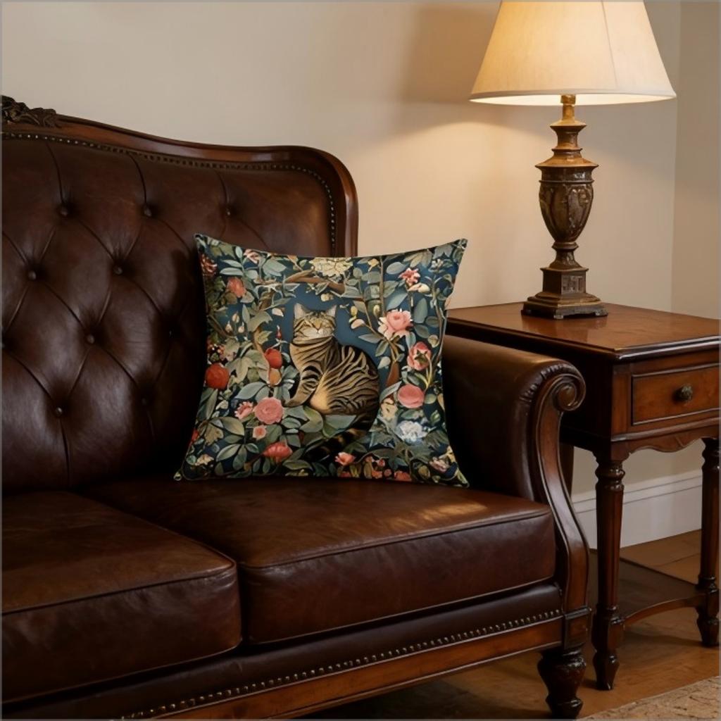 Vintage William Morris Style Cat Pillow Cover Floral Botanical Print Teal Turquoise Cushion Case For Sofa Couch Home Decor